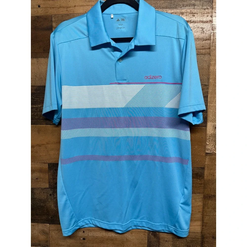 Adidas Golf Adizero Mens Small Blue Pink Geometric Stripe Performance Polo Shirt